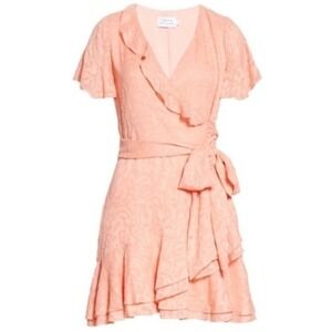 Tanya Taylor Bianka li Women Pink Salmo Floral Jacquard Ruffle Wrap Dress Size 2